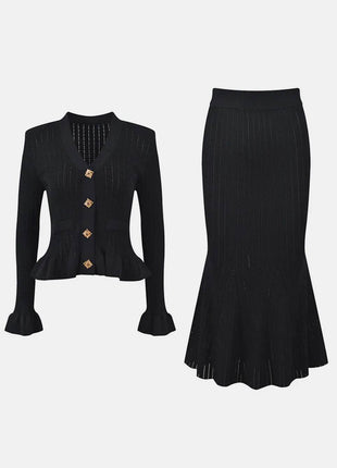Ruffled V-Neck Top and Midi Skirt Sweater Set - MimiStylez