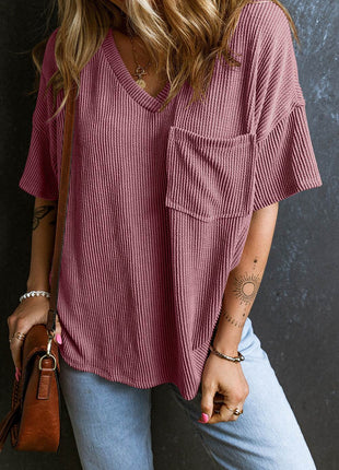 Textured V-Neck Dropped Shoulder T-Shirt - MimiStylez