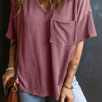 Textured V-Neck Dropped Shoulder T-Shirt - MimiStylez