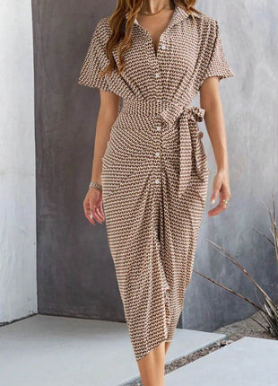 Devine Collared Neck Short Sleeve Midi Shirt Dress - MimiStylez