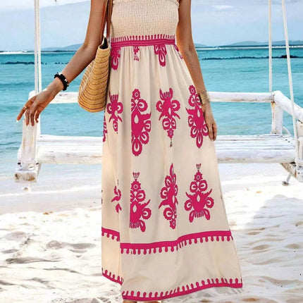 Smocked Printed Wide Strap Maxi Dress - MimiStylez