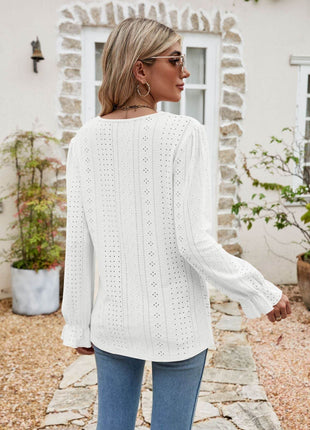 Eyelet Lace Trim Flounce Sleeve Blouse - MimiStylez