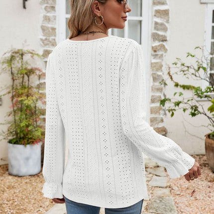 Eyelet Lace Trim Flounce Sleeve Blouse - MimiStylez