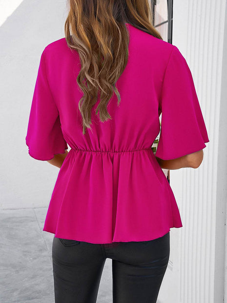 Surplice Tie Waist Half Sleeve Blouse - MimiStylez