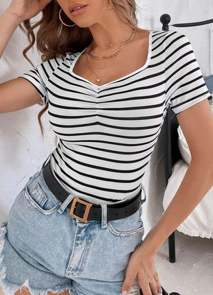 Striped V-Neck Short Sleeve T-Shirt - MimiStylez