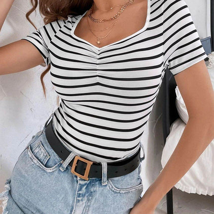 Striped V-Neck Short Sleeve T-Shirt - MimiStylez