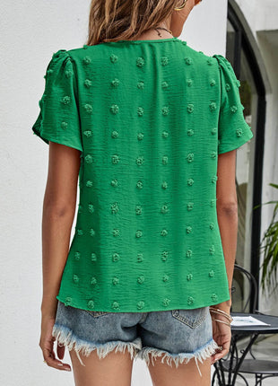 Swiss Dot Round Neck Petal Sleeve Top - MimiStylez