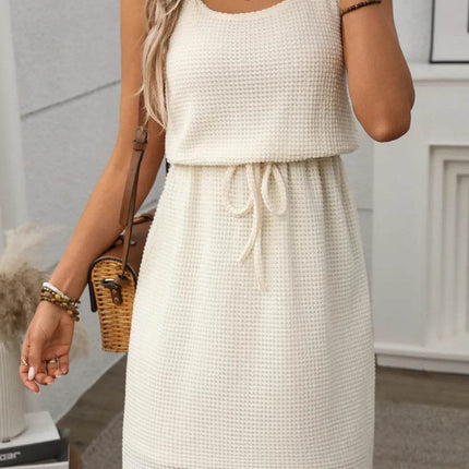 Waffle-Knit Drawstring Mini Tank Dress - MimiStylez