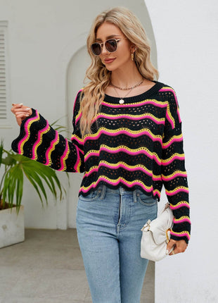 Round Neck Openwork Flare Sleeve Knit Top - MimiStylez