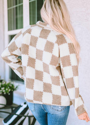 Checkered Snap Down Long Sleeve Jacket - MimiStylez