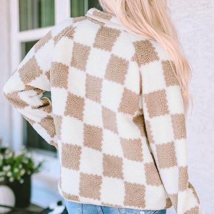 Checkered Snap Down Long Sleeve Jacket - MimiStylez