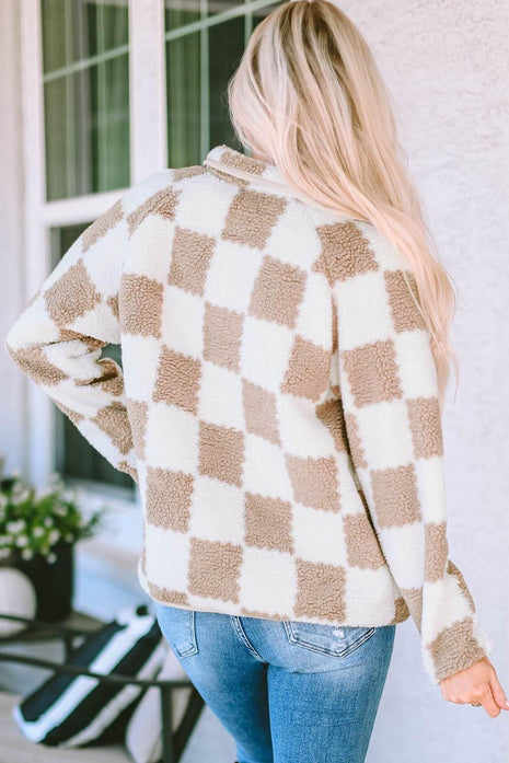 Checkered Snap Down Long Sleeve Jacket - MimiStylez