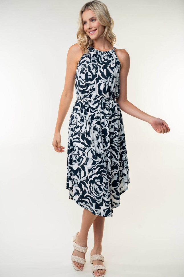 White Birch Tied Ruched Floral Sleeveless Knee Length Dress - MimiStylez