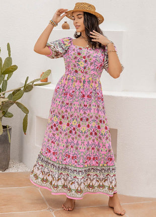 Plus Size Printed Square Neck Ruffle Hem Dress - MimiStylez