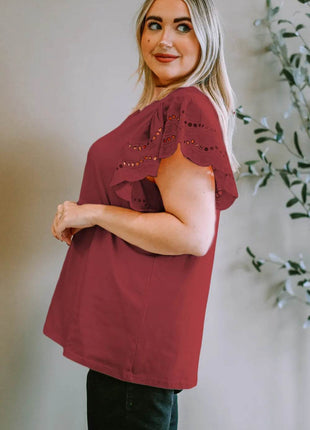 Plus Size Eyelet Round Neck Short Sleeve Blouse - MimiStylez