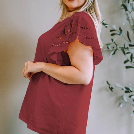 Plus Size Eyelet Round Neck Short Sleeve Blouse - MimiStylez
