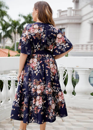 Plus Size Floral Surplice Neck Midi Dress - MimiStylez