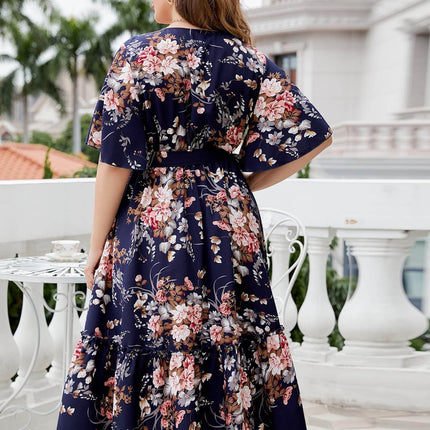 Plus Size Floral Surplice Neck Midi Dress - MimiStylez