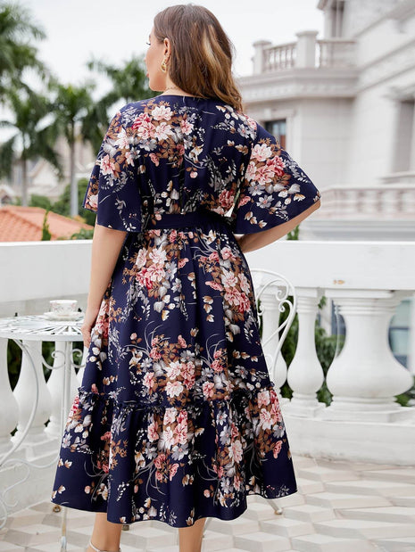 Plus Size Floral Surplice Neck Midi Dress - MimiStylez