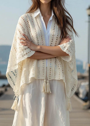 Openwork Tassel Open Front Knit Cover Up - MimiStylez
