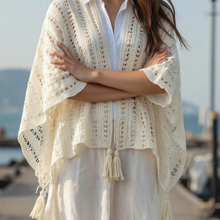 Openwork Tassel Open Front Knit Cover Up - MimiStylez