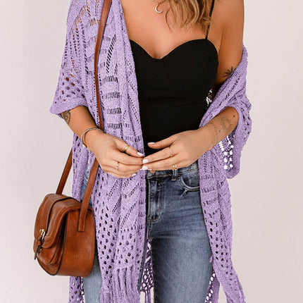 Openwork Open Front Cardigan with Fringes - MimiStylez