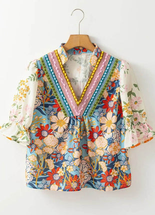 Multicolour Crochet V Neck Half Sleeve Boho Floral Blouse - MimiStylez
