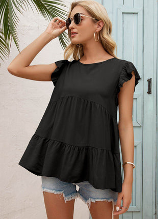 Round Neck Flutter Sleeve Tiered Blouse - MimiStylez