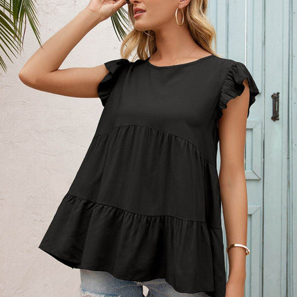 Round Neck Flutter Sleeve Tiered Blouse - MimiStylez