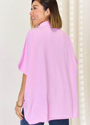 Zenana Texture Button Up Short Sleeve High-Low Shirt - MimiStylez