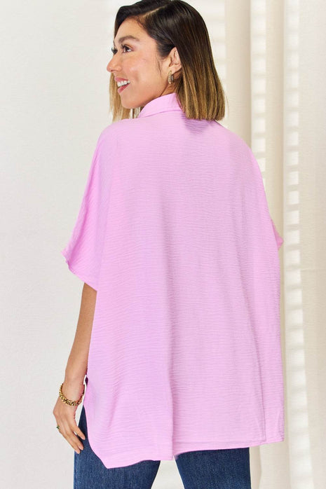 Zenana Texture Button Up Short Sleeve High-Low Shirt - MimiStylez