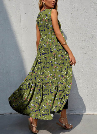 Tiered Printed V-Neck Sleeveless Dress - MimiStylez