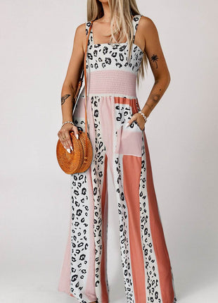 Leopard Color Block Smocked Jumpsuit - MimiStylez