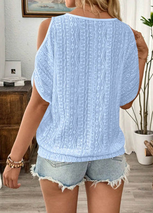 Eyelet Cold Shoulder Round Neck Blouse - MimiStylez