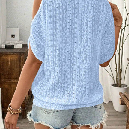 Eyelet Cold Shoulder Round Neck Blouse - MimiStylez