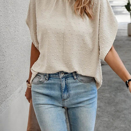 Swiss Dot Mock Neck Half Sleeve Blouse - MimiStylez