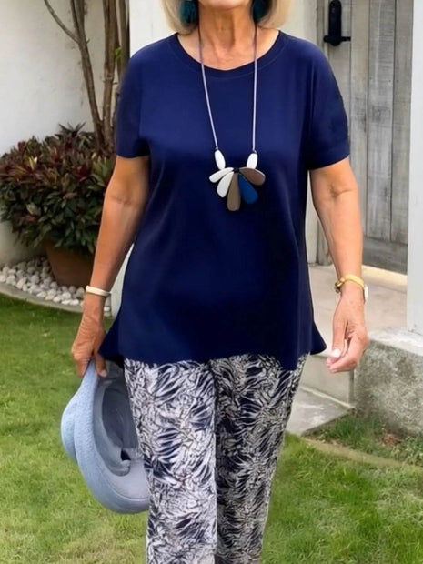 Full Size Round Neck Short Sleeve Top and Pants Set Plus Size - MimiStylez