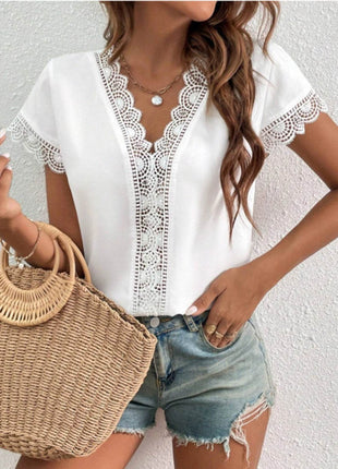 Lace Detail V-Neck Cap Sleeve Blouse - MimiStylez