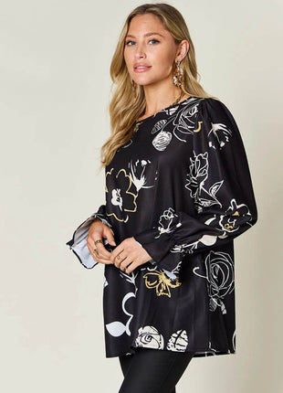 Double Take Full Size Printed Flounce Sleeve Blouse - MimiStylez