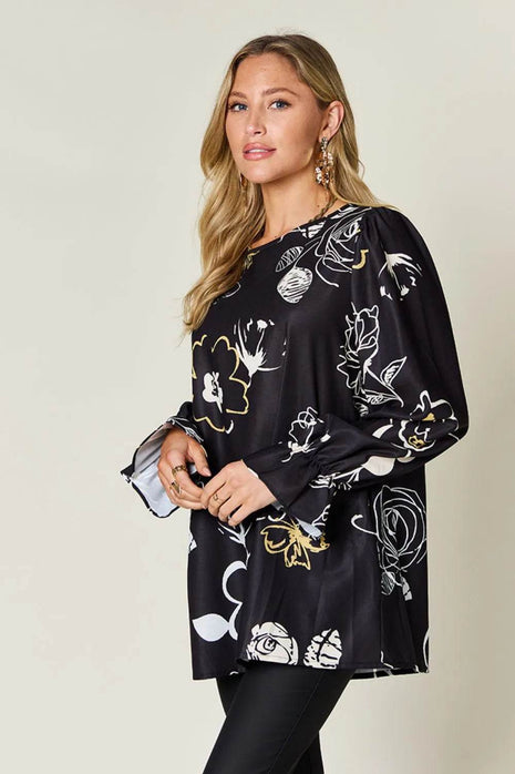 Double Take Full Size Printed Flounce Sleeve Blouse - MimiStylez