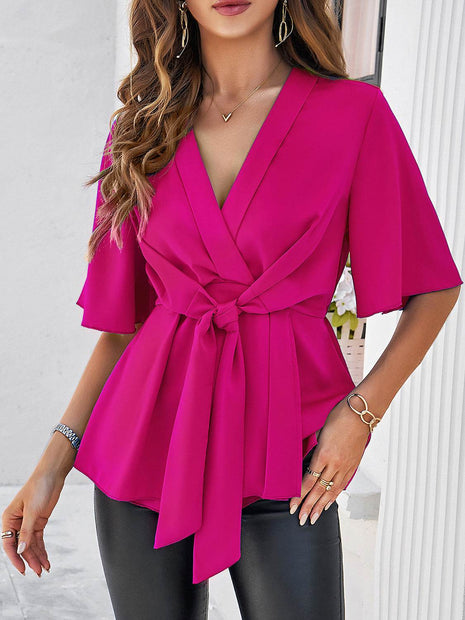 Surplice Tie Waist Half Sleeve Blouse - MimiStylez