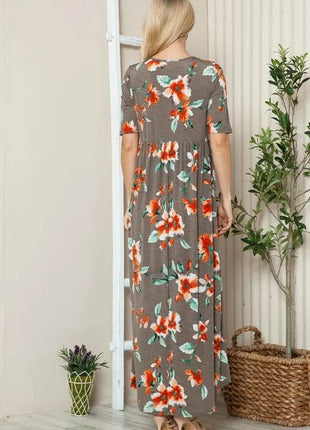 BOMBOM Floral Round Neck Short Sleeve Maxi Tee Dress - MimiStylez
