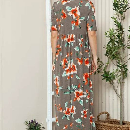 BOMBOM Floral Round Neck Short Sleeve Maxi Tee Dress - MimiStylez