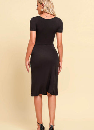Ruched Sweetheart Neck Short Sleeve Slit Dress - MimiStylez