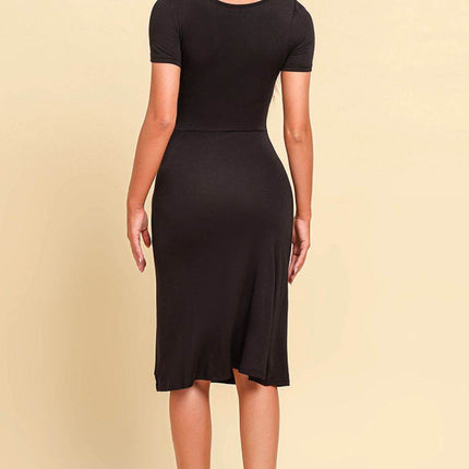 Ruched Sweetheart Neck Short Sleeve Slit Dress - MimiStylez