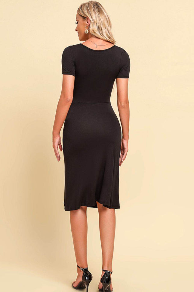 Ruched Sweetheart Neck Short Sleeve Slit Dress - MimiStylez