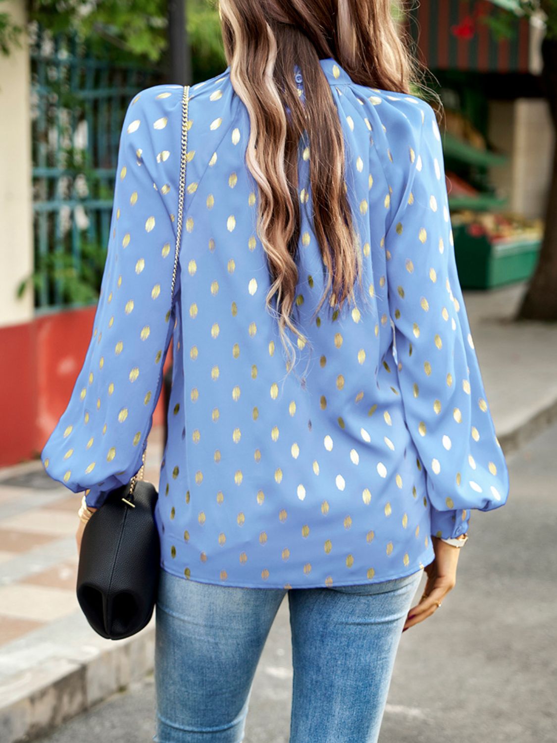 Mock Neck Cutout Lantern Sleeve Blouse