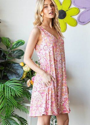 Heimish Full Size Floral V-Neck Tank Dress with Pockets - MimiStylez