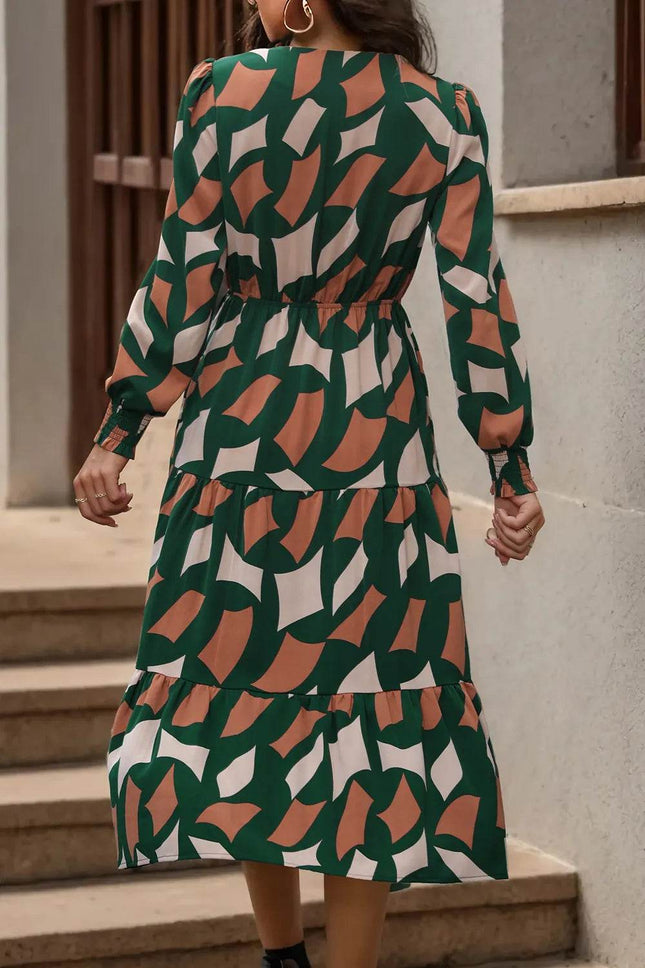 Perfee Printed Tied Pocketed Lantern Sleeve Dress - MimiStylez