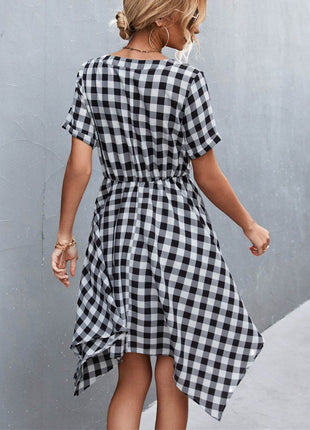 Plaid Notched Short Sleeve Dress - MimiStylez
